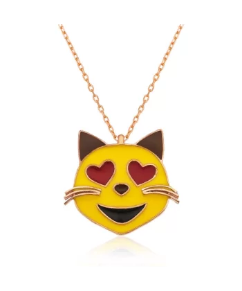 Gümüş Kalp Gözlü Kedi Emoji Bayan Kolye