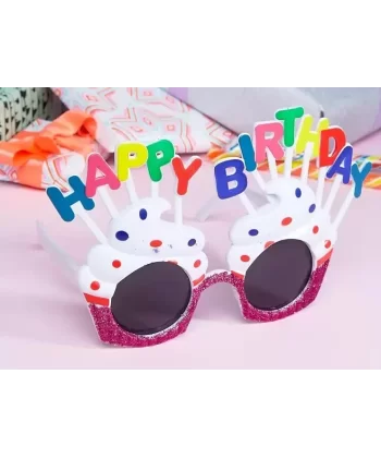 Happy Birthday Yazılı Beyaz Fuşya Renk Parti Gözlüğü 12x7 Cm