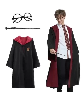 Harry Potter Gryffindor Kapişonlu Çocuk Kostüm + Asa + Gözlük Seti 5-6 Yaş