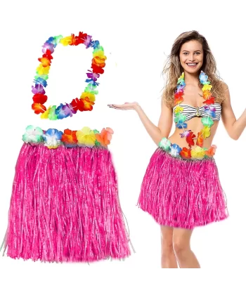 Hawaii Luau Aloha Pembe Püsküllü 40 Cm Etek Ve Hawaii Kolye Seti