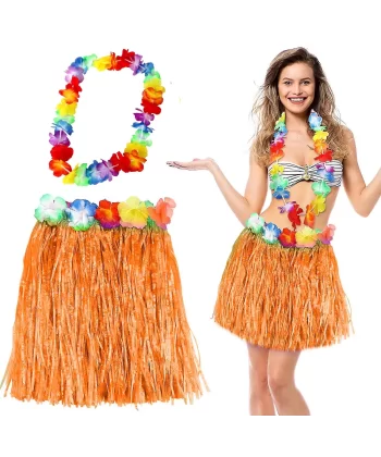 Hawaii Luau Aloha Turuncu Püsküllü 40 Cm Etek Ve Hawaii Kolye Seti