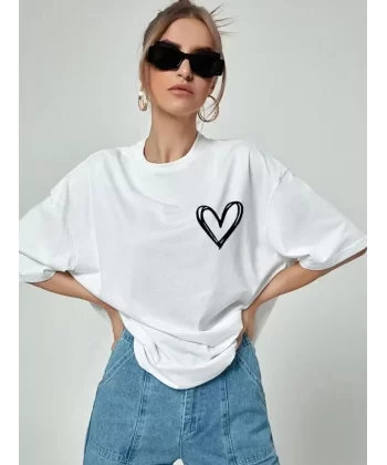 Kadın Bisiklet Yaka Baskılı Oversize T-Shirt - Beyaz