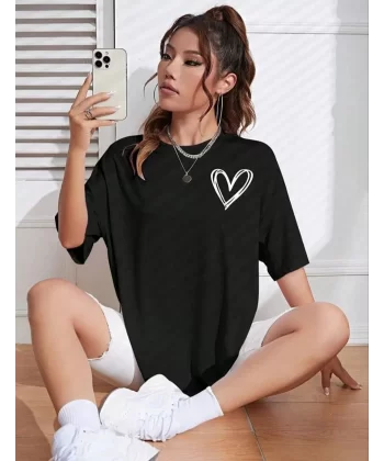 Kadın Bisiklet Yaka Baskılı Oversize T-Shirt - Siyah