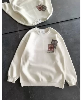 Kadın Bisiklet Yaka Baskılı SweatShirt - Beyaz