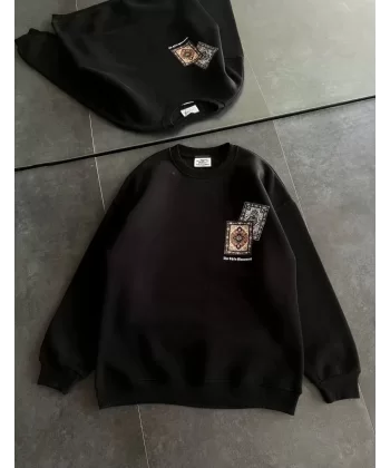 Kadın Bisiklet Yaka Baskılı SweatShirt - Siyah