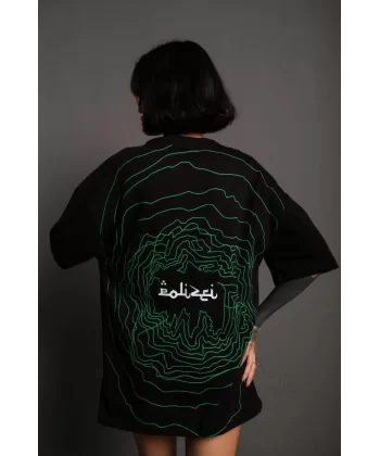 Kadın Bisiklet Yakalı Sırt Baskılı Oversize T-Shirt - Siyah