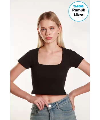 Kadın Crop Kare Yaka  Fitilli Likralı Kollu Atlet Bluz Tshirt