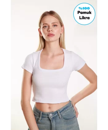 Kadın Crop Kare Yaka  Fitilli Likralı Kollu Atlet Bluz Tshirt