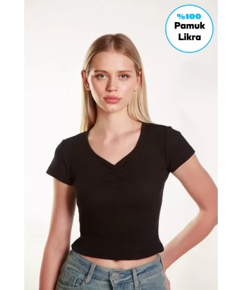 Kadın Crop Ön  Yaka  Büzgülü Fitilli Likralı  Kollu Atlet Tshirt