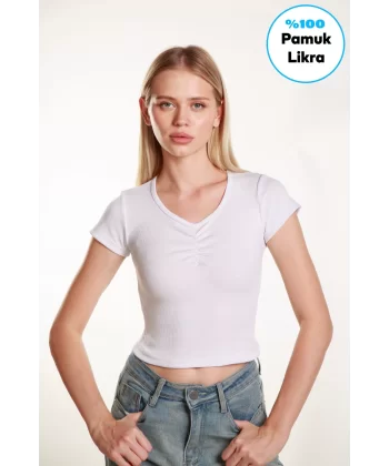 Kadın Crop Ön  Yaka  Büzgülü Fitilli Likralı  Kollu Atlet Tshirt