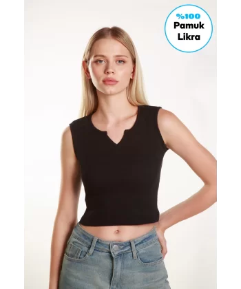 Kadın Crop V Yaka Fitilli Likralı Sıfır Kollu Atlet Tshirt Bluz