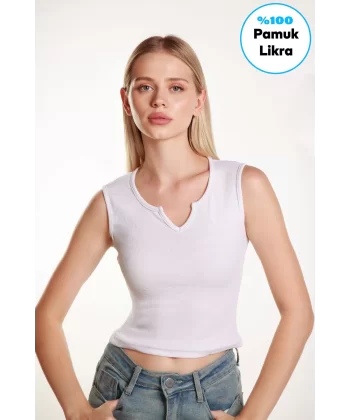 Kadın Crop V  Yaka  Fitilli Likralı  Sıfır Kollu Atlet  Tshirt Bluz