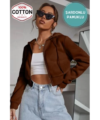 Kadın Kiremit Crop Fitted Kapşonlu Zip Fermuarlı Polar Hırka Sweatshirt