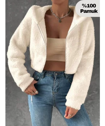 Kadın KırıkBeyaz Peluş Crop Fitted Kapşonlu Zip Fermuarlı Polar Hırka Sweatshirt