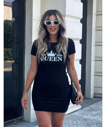 Kadın Kısa Kollu Queen Baskı Iki Iplik Mini Elbise