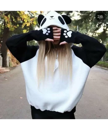 Kadın Panda üç Iplik Kumaş Kapüşonlu Polar Sweat 65 Cm