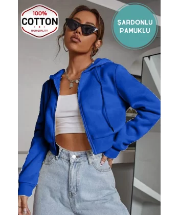 Kadın Saks Mavi Crop Fitted Kapşonlu Zip Fermuarlı Polar Hırka Sweatshirt