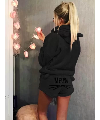 Kadın Uzun Kollu Meow Kedi Nakışlı Kapşonlu Peluş Sweat Ve Short Ikili Takım