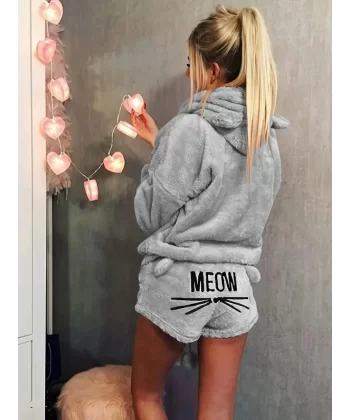 Kadın Uzun Kollu Meow Kedi Nakışlı Kapşonlu Peluş Sweat Ve Short Ikili Takım