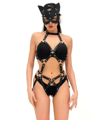 Kedi Maskeli Deri Sexi Babydoll Harnes Takım 800160TAK