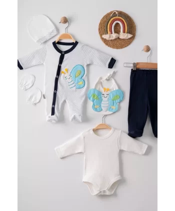 Kelebek Nakışlı Tulumlu % 100 Pamuk Erkek Bebek 5li Set