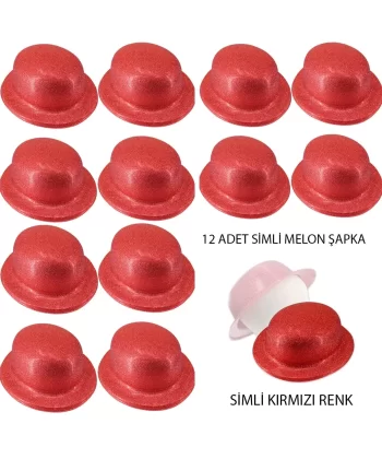 Kırmızı Renk Simli Melon Yuvarlak Parti Şapkası 12 Adet