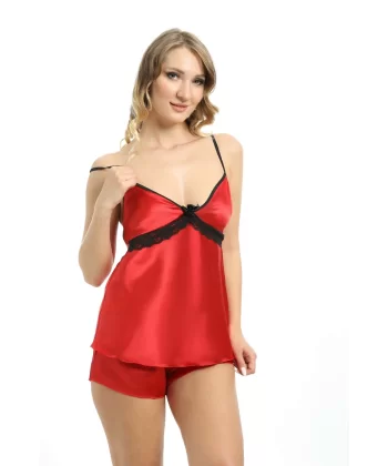 Kırmızı Saten Babydoll Şortlu Takım - 314