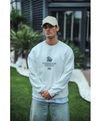 Kışlık Bisiklet Yaka Ön Ve Arka Baskılı SweatShirt - Beyaz