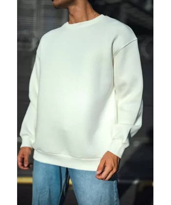 Kışlık Bisiklet Yaka Üç İplik Basic SweatShirt - Beyaz