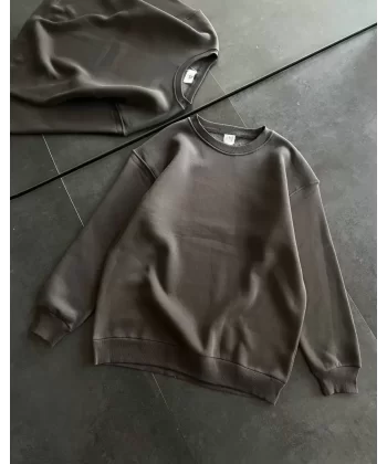 Kışlık Bisiklet Yaka Üç İplik Basic SweatShirt - Füme