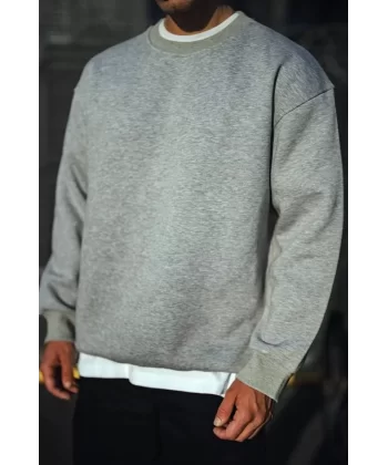 Kışlık Bisiklet Yaka Üç İplik Basic SweatShirt - Gri