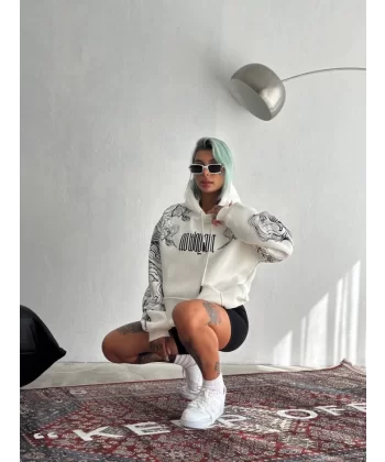 Kışlık Üç İplik Baskılı Kapşonlu SweatShirt - Beyaz