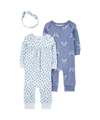 Kız Bebek Tulum Set 3lü Paket  Mavi