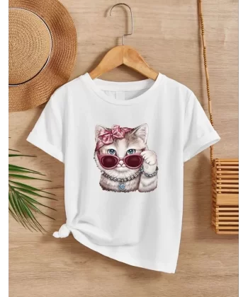 Kız Çocuk Bisiklet Yaka Baskılı T-Shirt - Beyaz