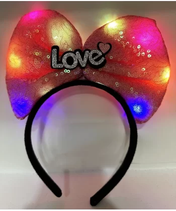 Led Işıklı 3 Farklı Fonksiyonda Yanan Gümüş Love Yazılı Fuşya Pembe Fiyonk Taç 20x17 Cm