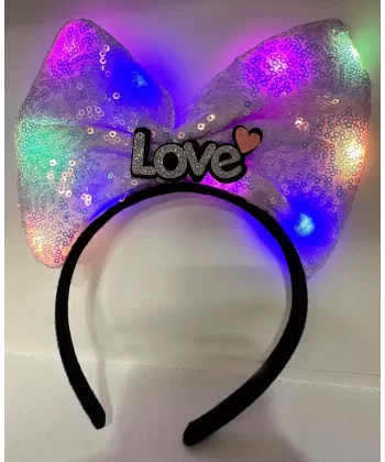 Led Işıklı 3 Farklı Fonksiyonda Yanan Gümüş Love Yazılı Lila Fiyonk Taç 20x17 Cm