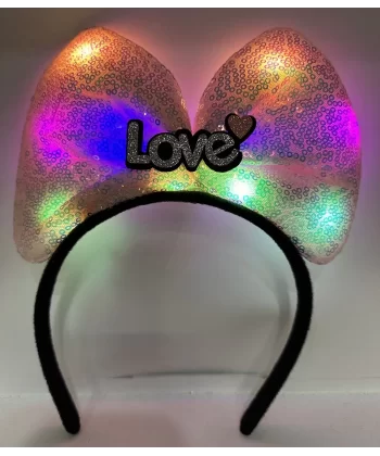 Led Işıklı 3 Farklı Fonksiyonda Yanan Gümüş Love Yazılı Toz Pembe Fiyonk Taç 20x17 Cm