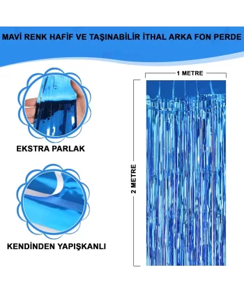 Mavi Renk Ekstra Metalize Parlak Saçaklı Arka Fon Perde İthal A Kalite 1x2 Metre