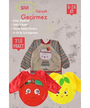 Meyve Figürlü Sıvı Geçirmez 3lü Paket Uzun Kollu Mama Önlüğü