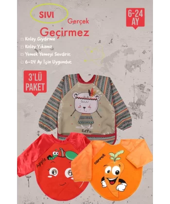 Meyve Figürlü Sıvı Geçirmez 3lü Paket Uzun Kollu Mama Önlüğü