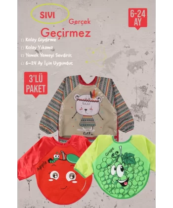 Meyve Figürlü Sıvı Geçirmez 3lü Paket Uzun Kollu Mama Önlüğü