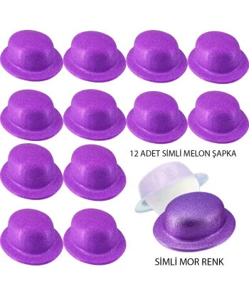 Mor Renk Simli Melon Yuvarlak Parti Şapkası 12 Adet