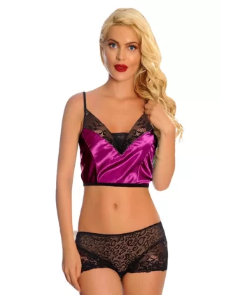 Mor Saten Dantelli Babydoll Şortlu Takım - 287