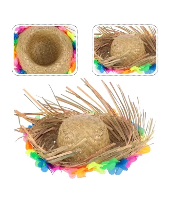 Naturel Renk Püsküllü Örme Hasır Hawaii Luau Aloha Şapka 13x36 Cm