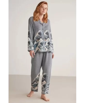 Nautıca W617 Kadın Uzun Kollu Önden Düğmeli Pijama Takımı