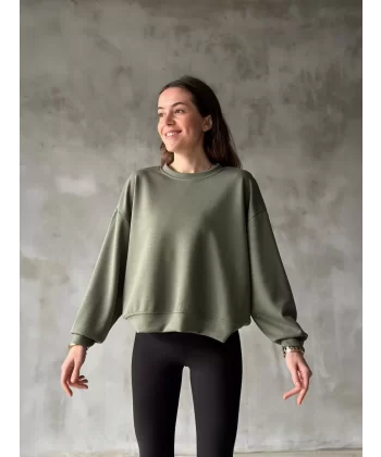 Osy Modal Yumuşak dokulu Kumaş Bisiklet Yaka Oversize Sweatshirt - Haki