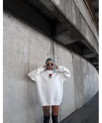 Oversize Üç İplik Bisiklet Yaka Baskılı SweatShirt - Beyaz