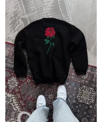 Oversize Üç İplik Bisiklet Yaka Baskılı SweatShirt - Siyah