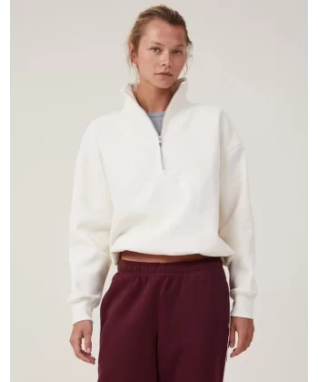 Oversize Yarım Farmuarlı Yakalı Basic SweatShirt - Beyaz