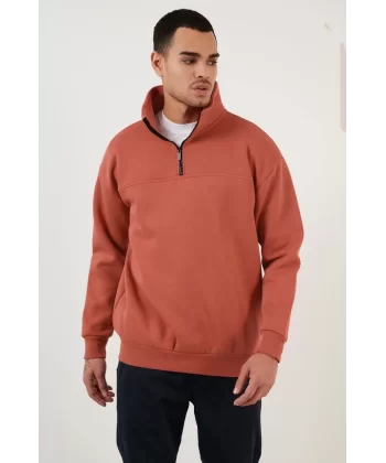 Oversize Yarım Farmuarlı Yakalı Özel Tasarım Basic SweatShirt - Beyaz